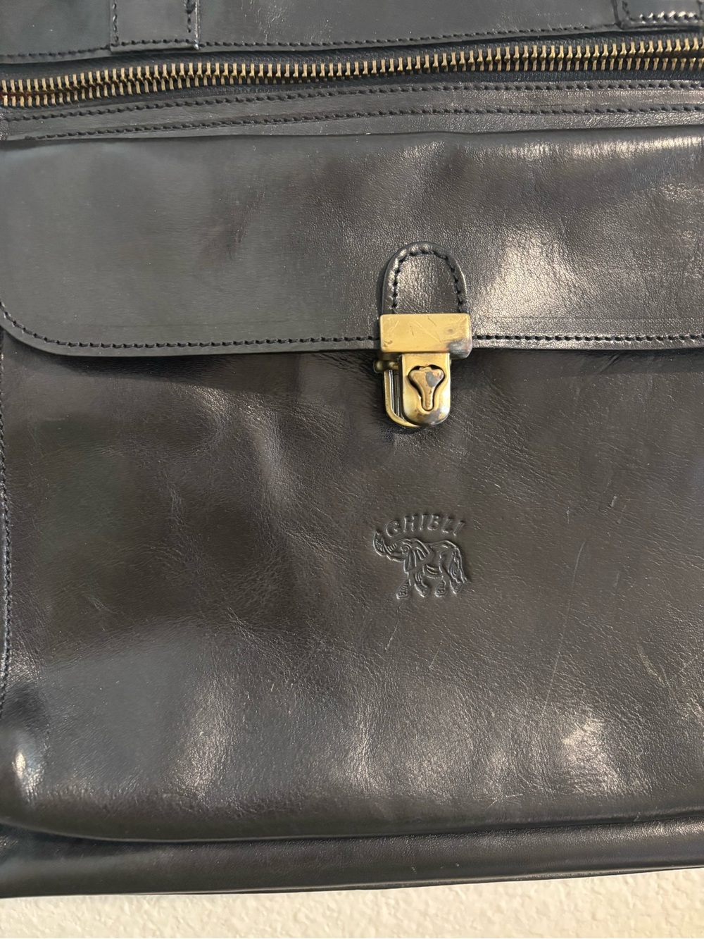 Black Leather Briefcase with Brass-Tone Lock